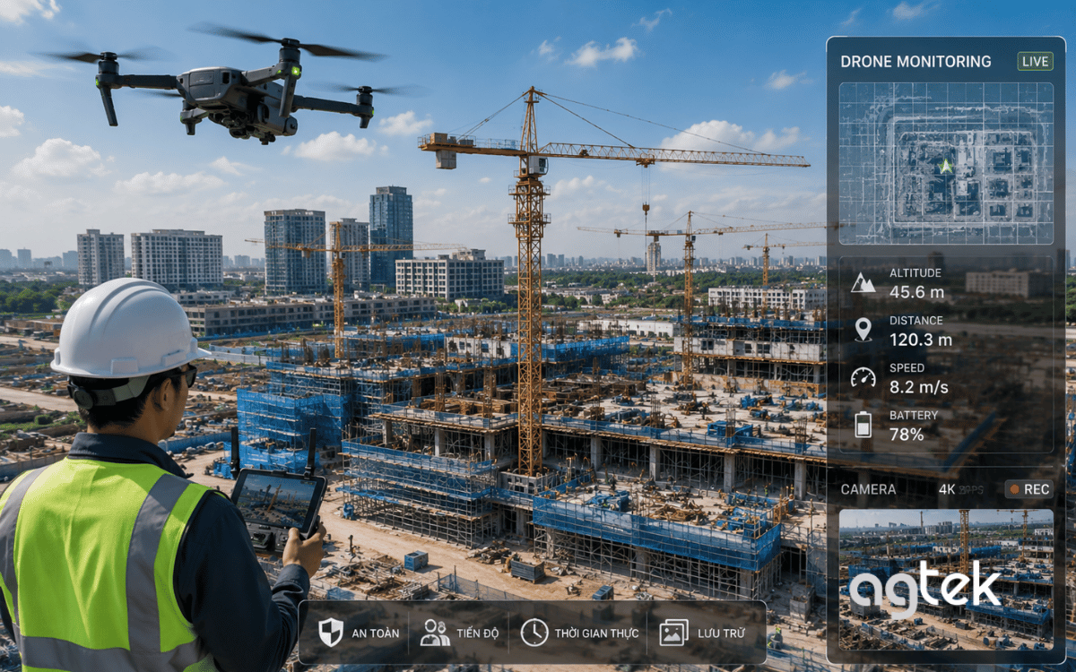 Drone giám sát công trường xây dựng từ trên cao.