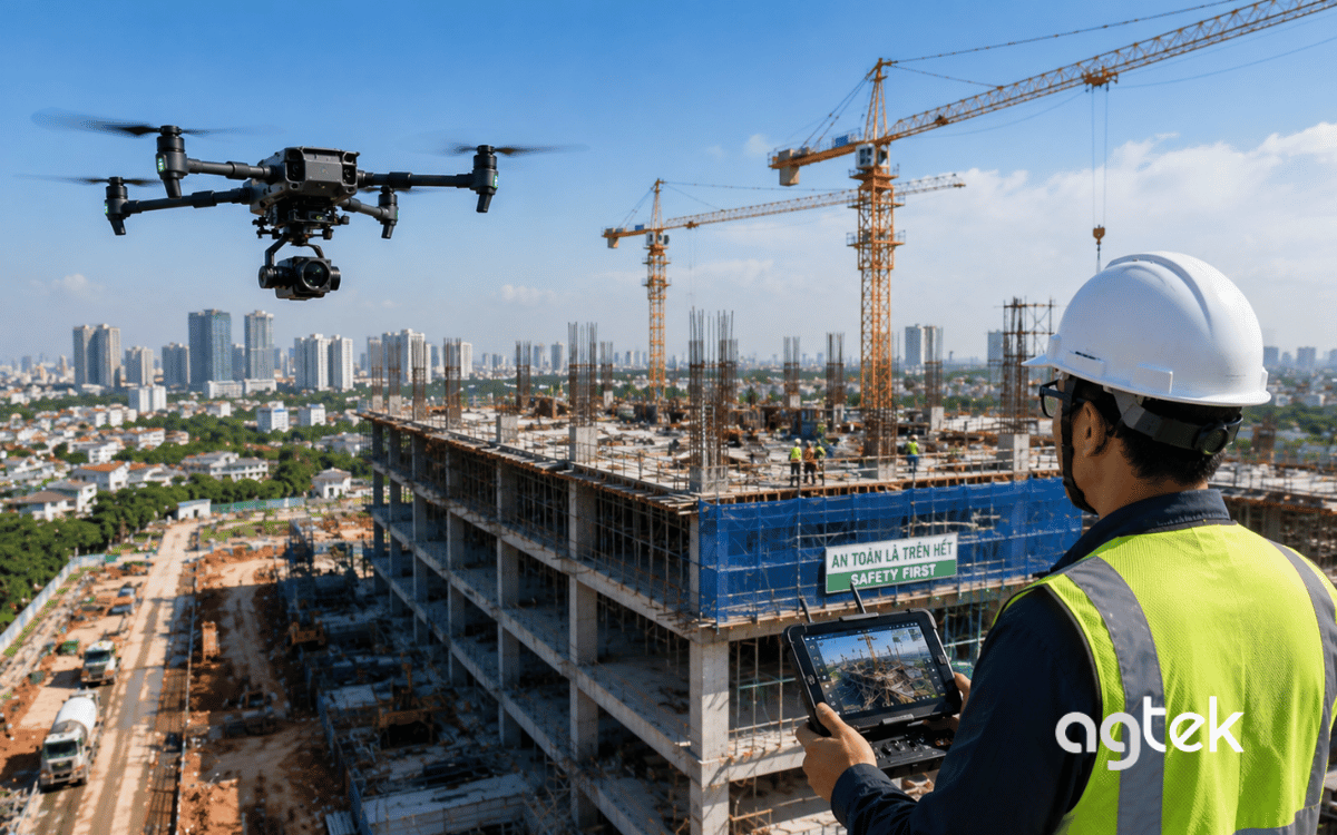 Drone ghi hình toàn cảnh dự án xây dựng.