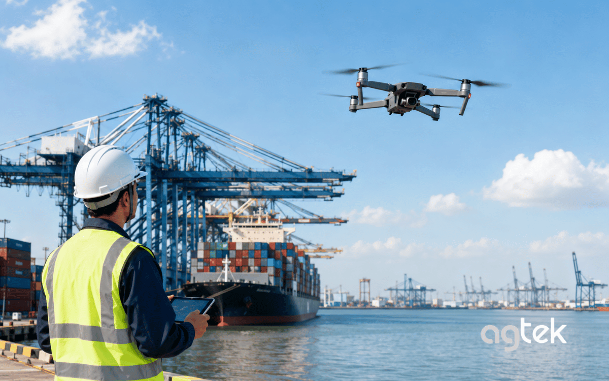 Drone ghi hình chi tiết kết cấu cầu cảng phục vụ bảo trì.