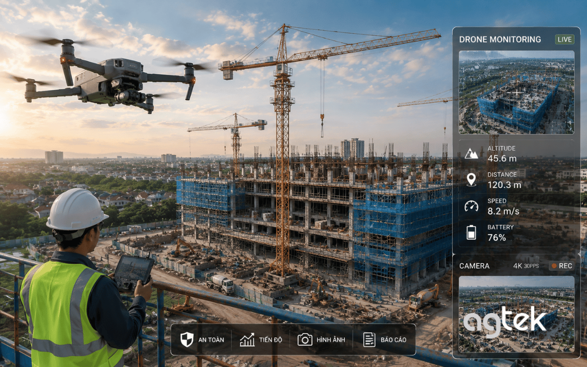 Drone giám sát tiến độ thi công tại công trường xây dựng.