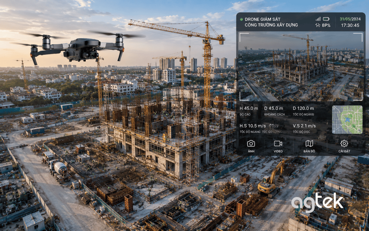 Drone giám sát khu vực rộng từ trên cao.